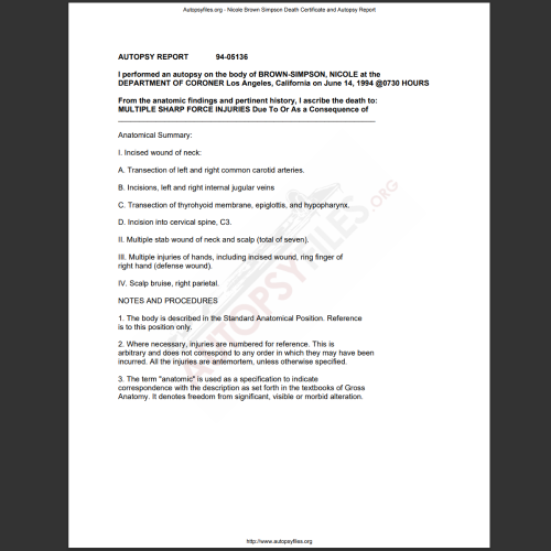 Autopsy Chart 7h 30min, jun 14, 1994 y - Autopsy Report for Nicole Brown Simpson ...